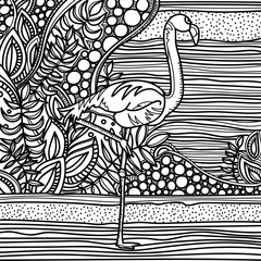 Flamingo in fantasy garden. Page for color book. Hand drawn sketch, doodle, zentangle.