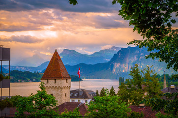 Aerial view of Lucern at sunset, Switzerland