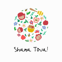 "Shana Tova" (Happy New Year on hebrew). Greeting card for Jewish New Year with flowers and traditional elements of Holiday Rosh Hashanah