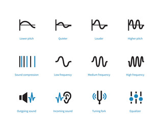 Music and audio types duotone icons on white background.
