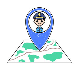 Textured blue geotag icon with policeman portrait pointing at a map. Friendly smiling male police officer. Police post/station/department location. GPS navigation concept. Professional security guard.