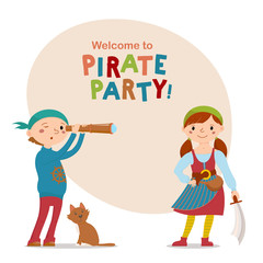 Little boy and girl dressed as, playing pirates with cat, spy glass, sword and space for text, cartoon vector illustration isolated on white background. Kids, boy and girl, dressed as pirates