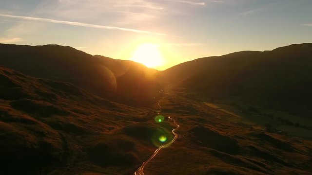 Lake district aerial sunrise over Wasdale and the Hard Knott pass.
