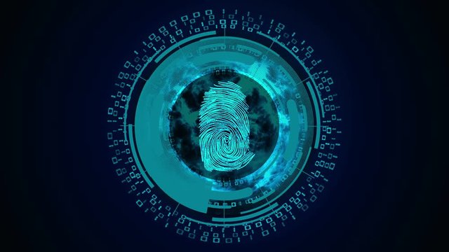 Safety concept. Blue abstract hi speed internet technology backdrop. Fingerprint scan. Cyber security.