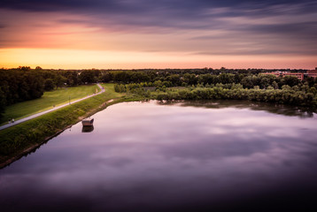 Aerial of Veterans Park sunset