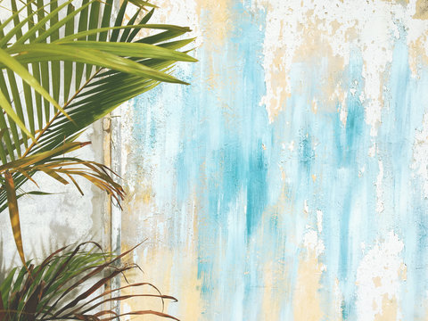 Old Cracked Antique Vintage Historic House Wall and Palm Tree Leaf Branch. Tropical Exotic Thai Summer Tourist Travel Blue and Yellow Paint Background.