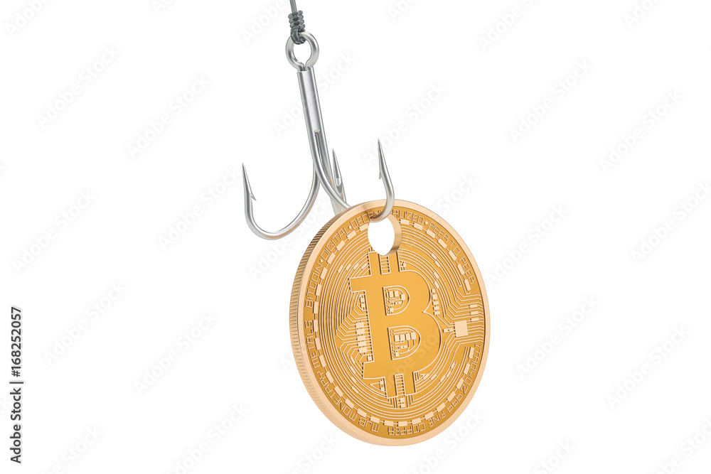 Poster bitcoin on the hook, phishing concept. 3d rendering