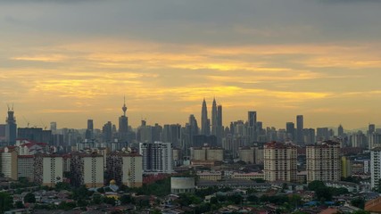 KUALA LUMPUR, MALAYSIA - 16TH AUGUST 2017; Time lapse of moving clouds during glowing sunset in downtown Kuala Lumpur.