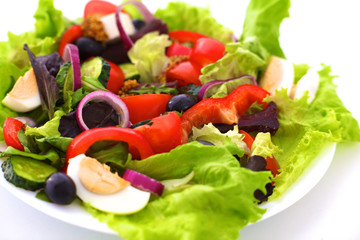 salad from fresh vegetables in a plate on a table, selective focus