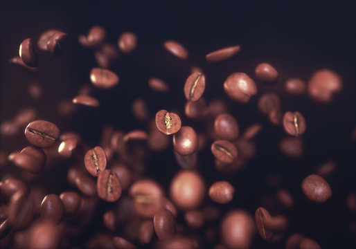 Roasted Coffee Beans, Frozen Grain In The Air With Shallow Depth Of Field.