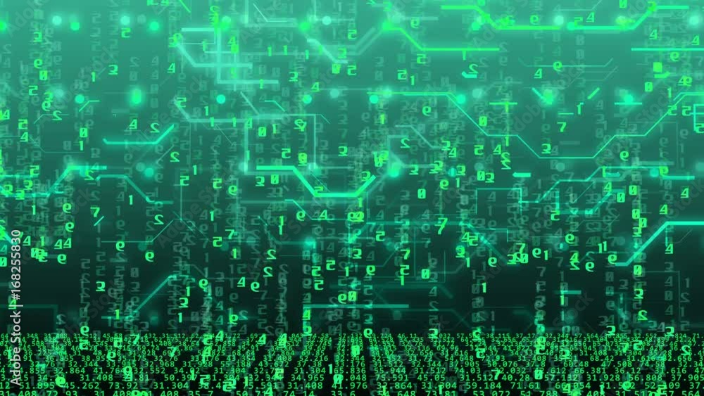 Poster abstract technology concept with moving numbers and circuit board imitation on a green background. i