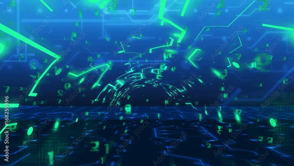 Poster tunnel from numbers and imitation of circuit board. concept of future internet business in progress.