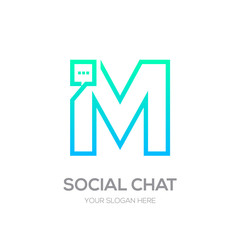 Letter M with Chat logo line shape, Social Talk, Social media, Abstract speak, Square speech logotype