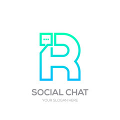 Obraz premium Letter R with Chat logo line shape, Social Talk, Social media, Abstract speak, Square speech logotype