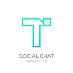 Letter T with Chat logo line shape, Social Talk, Social media, Abstract speak, Square speech logotype