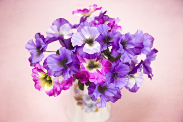 Beautiful Purple and Pink Silk Pansy Flowers on a Pink Background