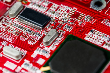 Abstract, Close up at electronic circuits, we see the technology of the mainboard, which is the...