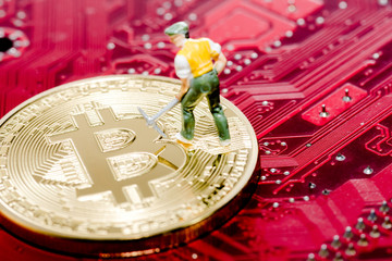 close up of Bitcoin money mining on graphic card,we see the technology of the mainboard,which is the important background of the computer.
