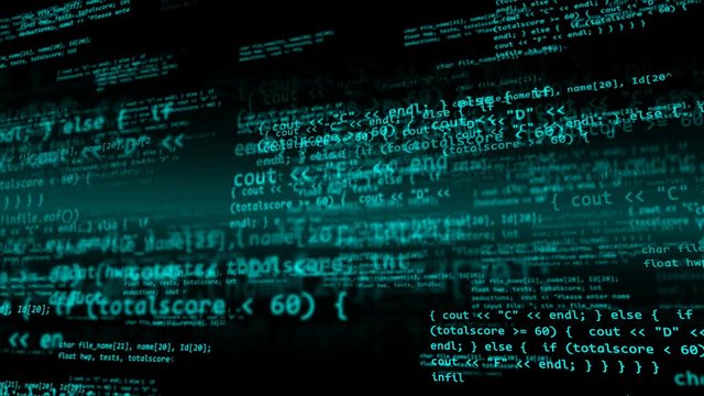 Abstract programming code moves in the camera. Software development concept.