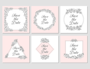 Vectored Rose Frames, Ink Drawn Floral Ornaments, Salmon Pink Flower Backgrounds