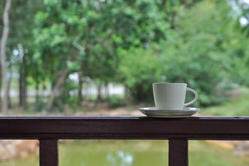 white cup of hot coffee on green natural background