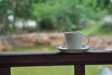 white cup of hot coffee on green natural background