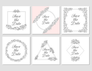 Vectored Rose Frames, Ink Drawn Floral Ornaments, Salmon Pink Flower Backgrounds
