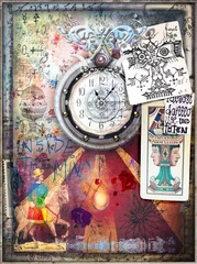 Foto auf Acrylglas Esoterische Hintergrund mit Graffiti, Uhr, Zeichnungen und Tarots © Rosario Rizzo