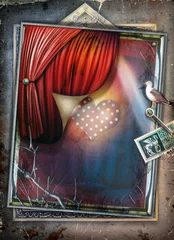 Poster Oud gotisch en surrealistisch raam met gordijn, hart en duif © Rosario Rizzo