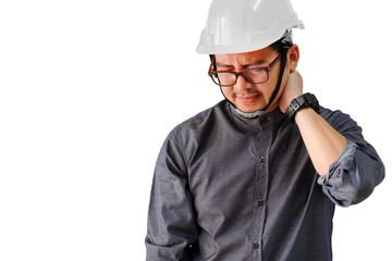 Engineers are aching neck and shoulder from hard work on a white background.