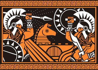 orange and black figures ceramic painting troyan war