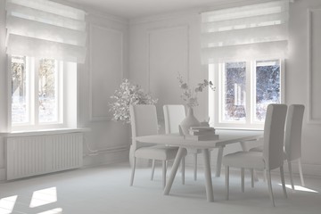 White inspiration of minimalist dinner room. Scandinavian interior design. 3D illustration