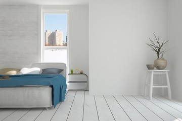 White modern bedroom with urban landscape in window. Scandinavian interior design. 3D illustration