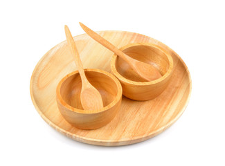 wood bowl , wood dish  and wood spoon on white background
