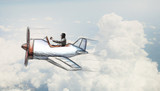 Aviator in drawn airplane. Mixed media . Mixed media