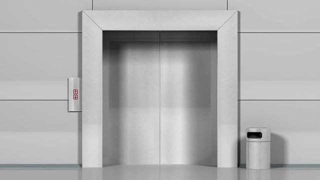 Realistic chrome metal office building elevator opens doors to white space. Matte channel included.