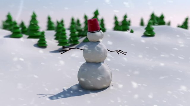 3D render of snowman on snowy field background with trees. Christmas Day. Happy New Year. 