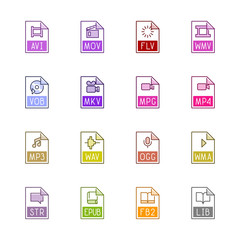 File type icons: Video, sound, and books - Linne Color