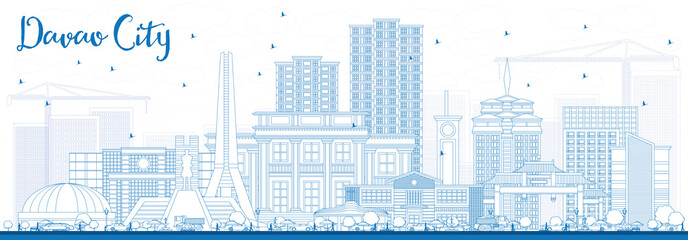 Outline Davao City Philippines Skyline with Blue Buildings.