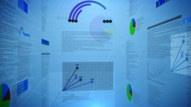 movement in 3D space of economic charts, graphs and curves with a blue background / business ideas, reports, projects / abstract 