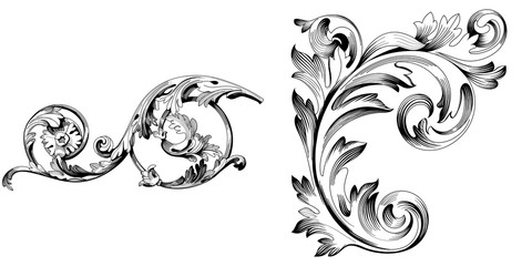 Set of vintage baroque ornament, corner. Retro pattern antique style acanthus. Decorative design element filigree calligraphy vector. - stock vector - obrazy, fototapety, plakaty