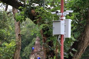 CCTV in a park overlooking people and historical site