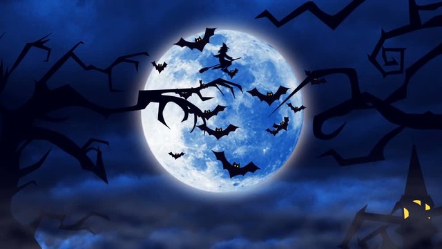 Sats flying against a bright moon. dark castle with glowing windows scary crooked trees