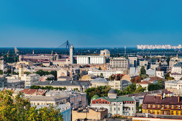 Picturesque view from Zamkova Hill of the National University Of Kyiv-Mohyla Academy, its territory and Havansky Bridge across the Dnieper river. Historical center of Kiev.
