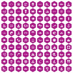 100 sea icons hexagon violet