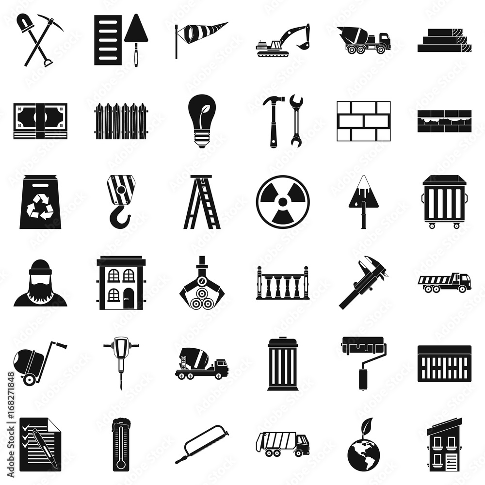 Poster building hammer icons set, simple style