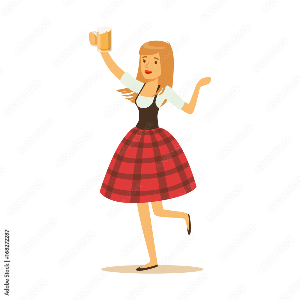 Wall mural pretty waitress in a red bavarian traditional costume holding beer mug, oktoberfest beer festival ve