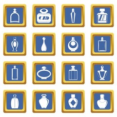 Perfume bottles icons set blue