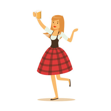 Pretty waitress in a red Bavarian traditional costume holding beer mug, Oktoberfest beer festival vector Illustration