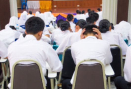 blur of student and teacher seminar in the lecture room with copy space add text